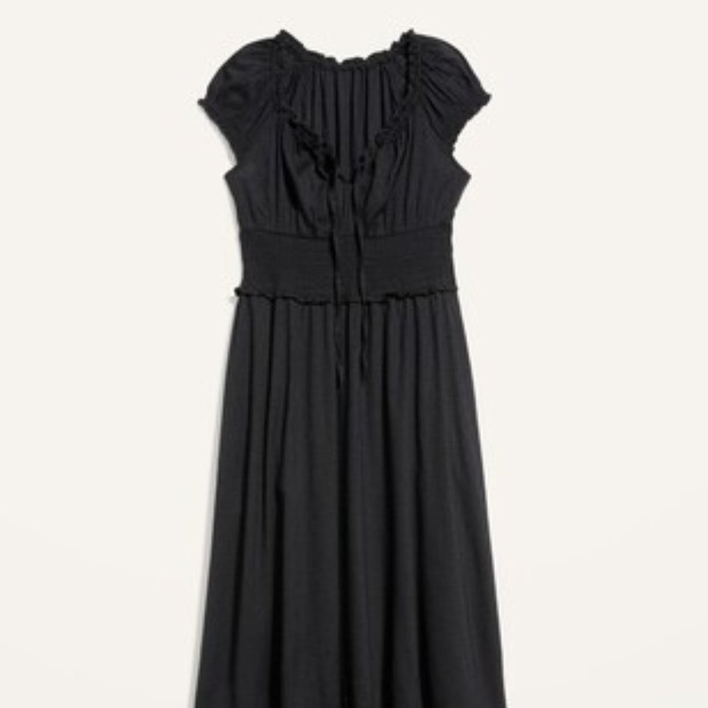 Black Waist-Defined Puff-Sleeve Clip-Dot Midi Dress